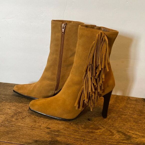 Predictions Boho Leather Fringed High Heel Boots Women Size 7.5 - Picture 4 of 10